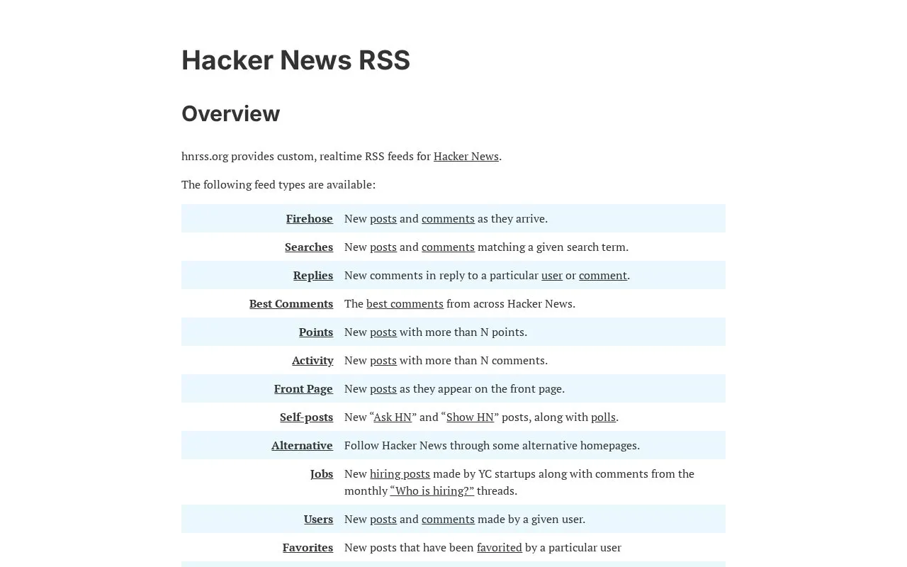 Hacker News RSS homepage screenshot