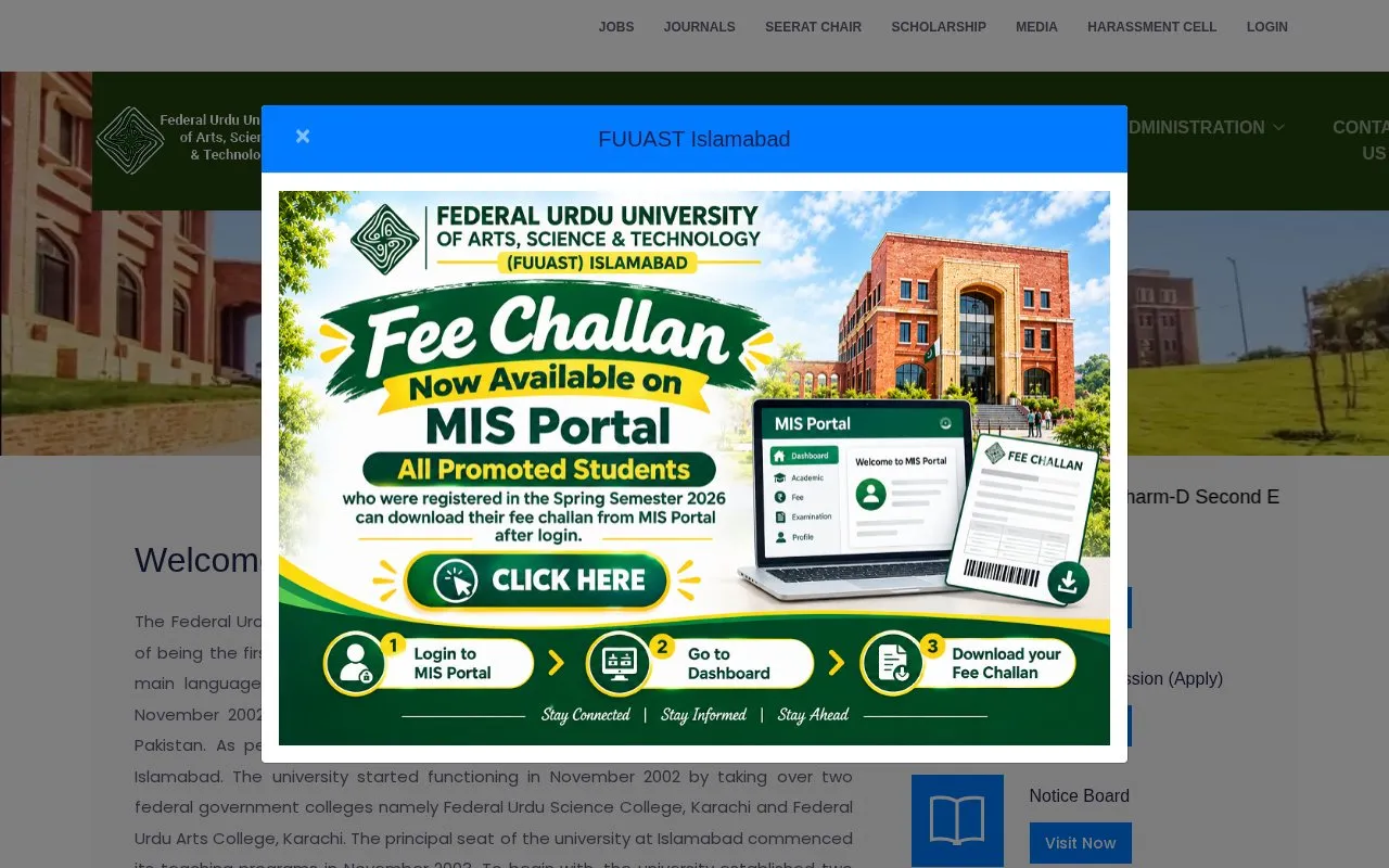 Federal Urdu University of Arts, Science and Technology homepage screenshot