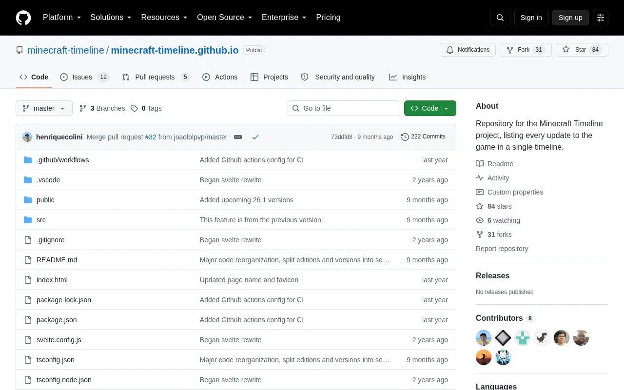 Minecraft Timeline.github.io homepage screenshot