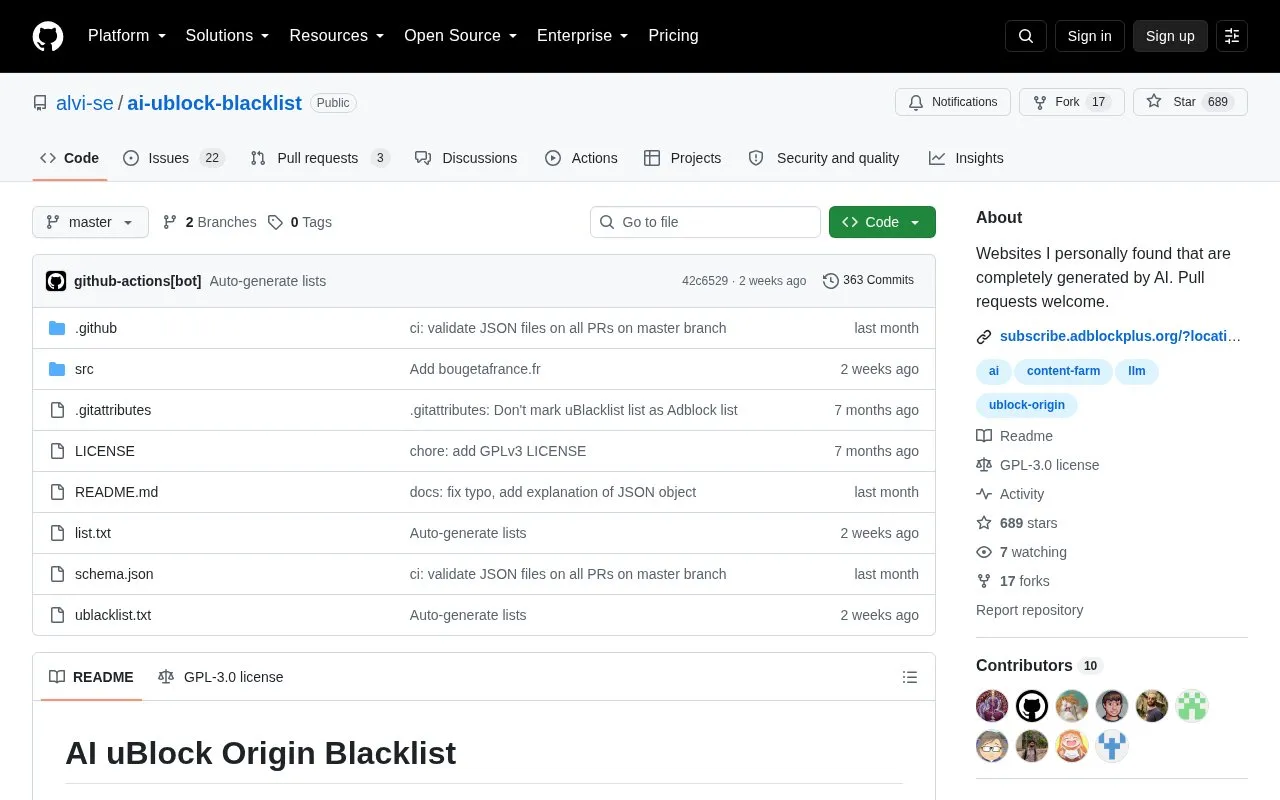 AI uBlock Blacklist homepage screenshot