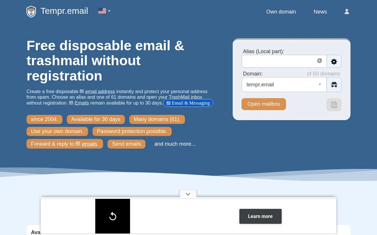Tempr.email homepage screenshot