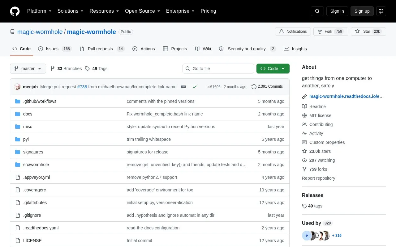 Magic Wormhole homepage screenshot