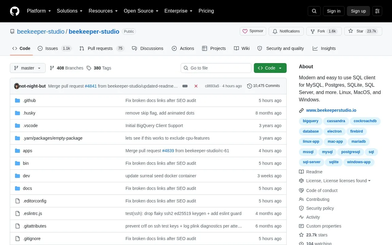 Beekeeper Studio homepage screenshot