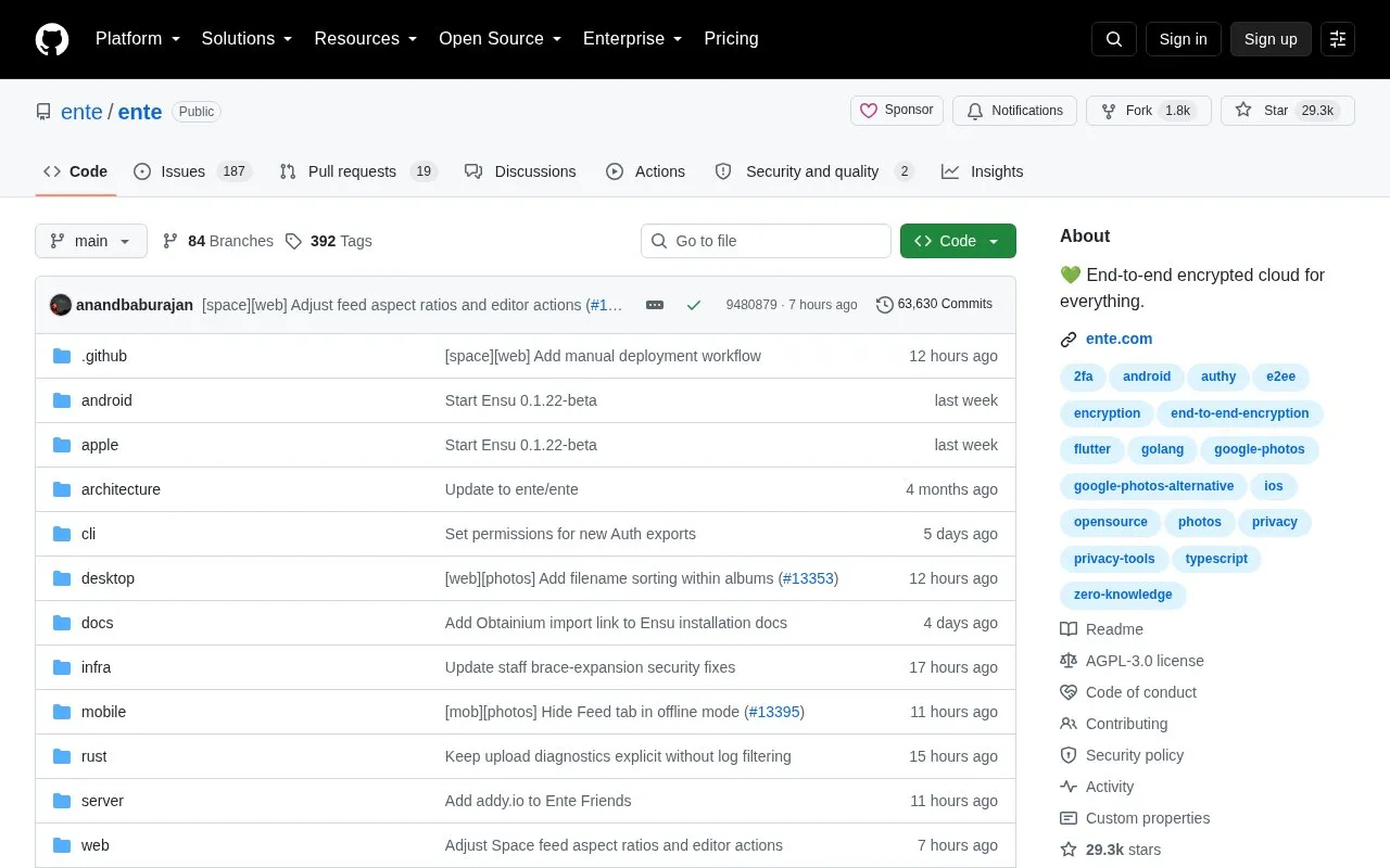 Ente homepage screenshot