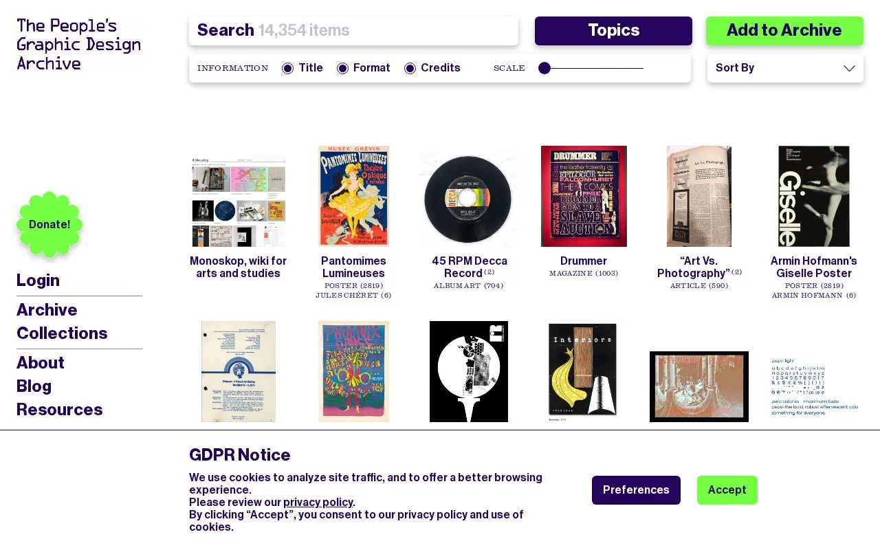 People’s Graphic Design Archive homepage screenshot