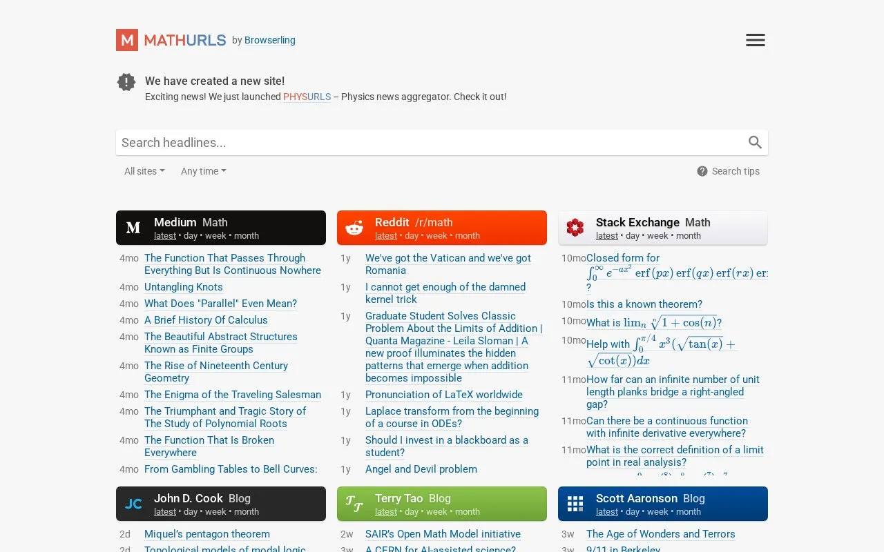 MathURLs homepage screenshot
