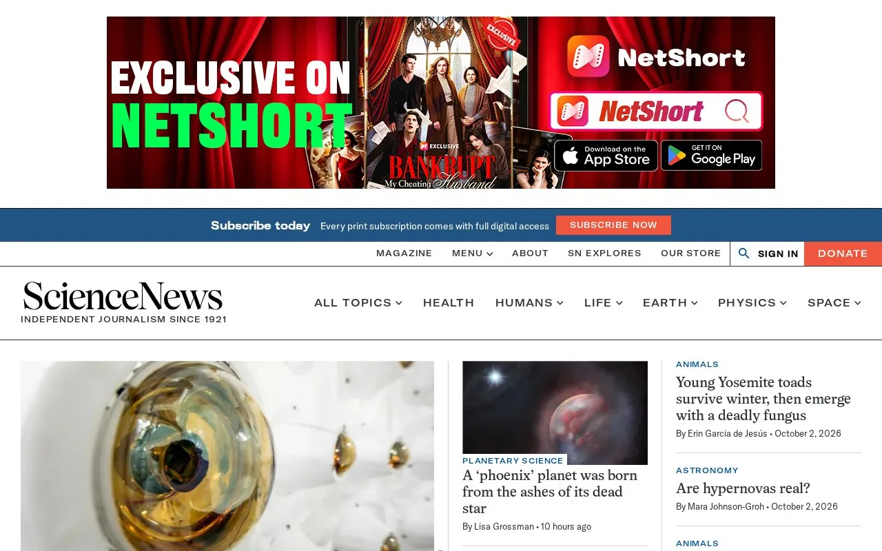 ScienceNews homepage screenshot