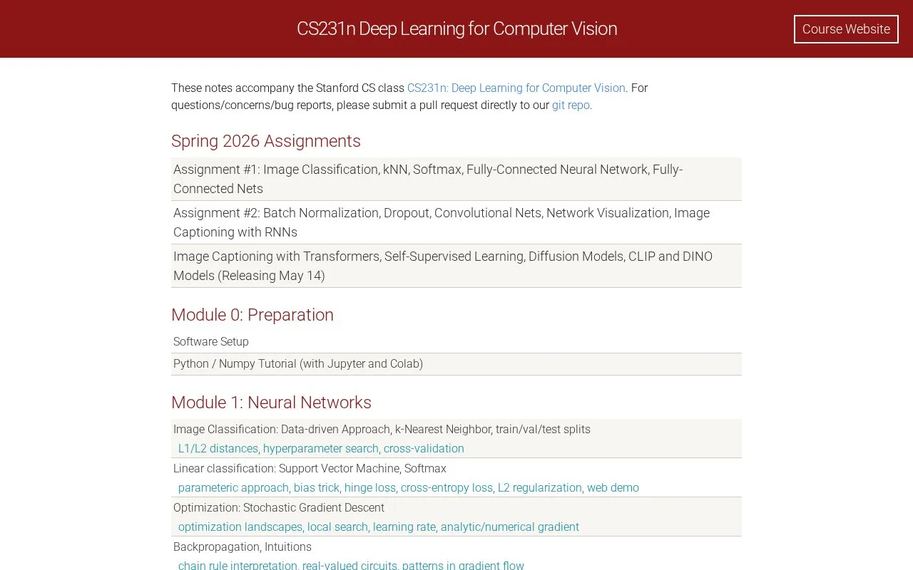 CS 231 - Convolutional Neural Networks for Visual Recognition homepage screenshot