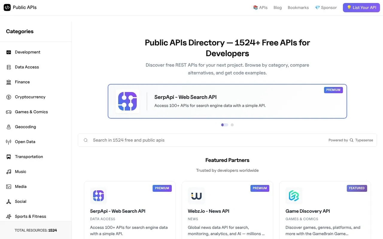 PublicAPIs homepage screenshot