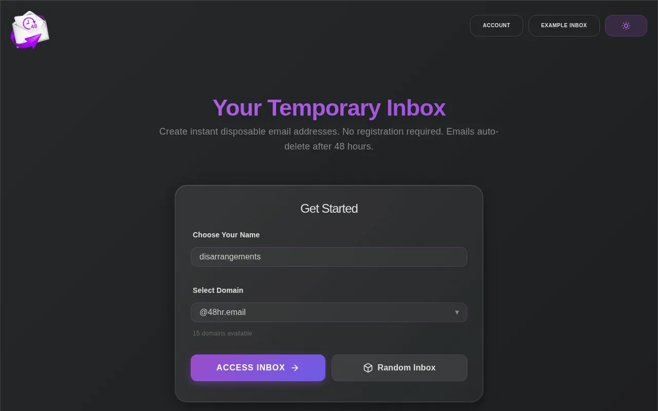48hr.email homepage screenshot