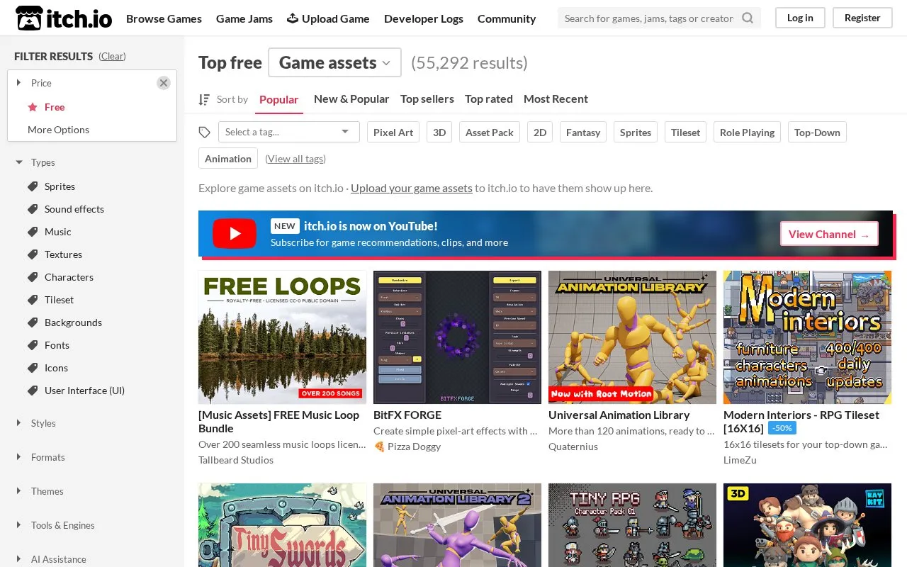Itch.io Assets homepage screenshot