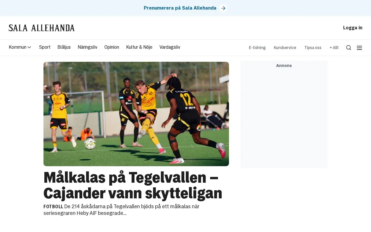 Sala Allehanda homepage screenshot