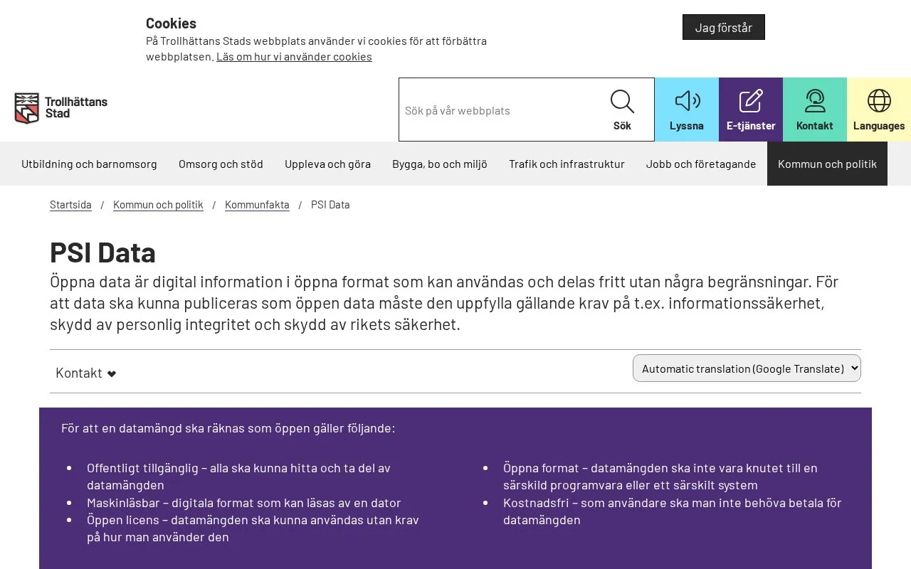 Trollhättan Municipality open data homepage screenshot