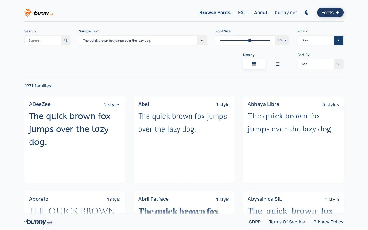 Bunny Fonts homepage screenshot