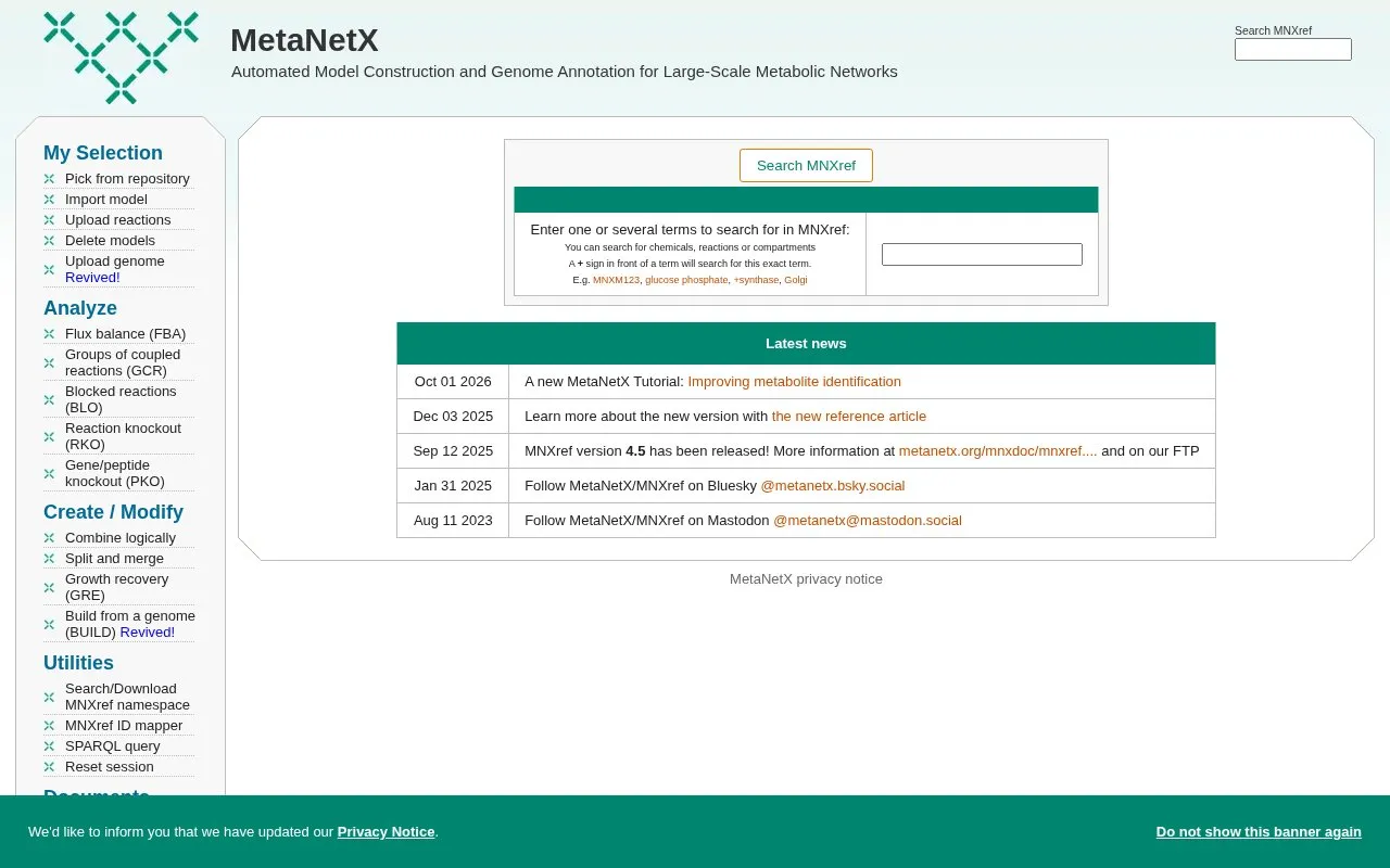 MetaNetX homepage screenshot