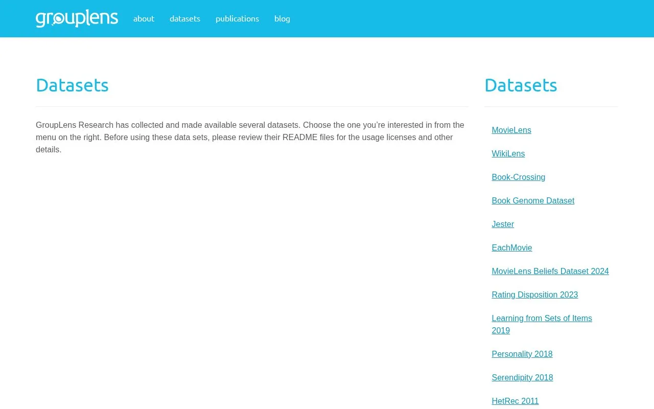 Grouplens Datasets homepage screenshot