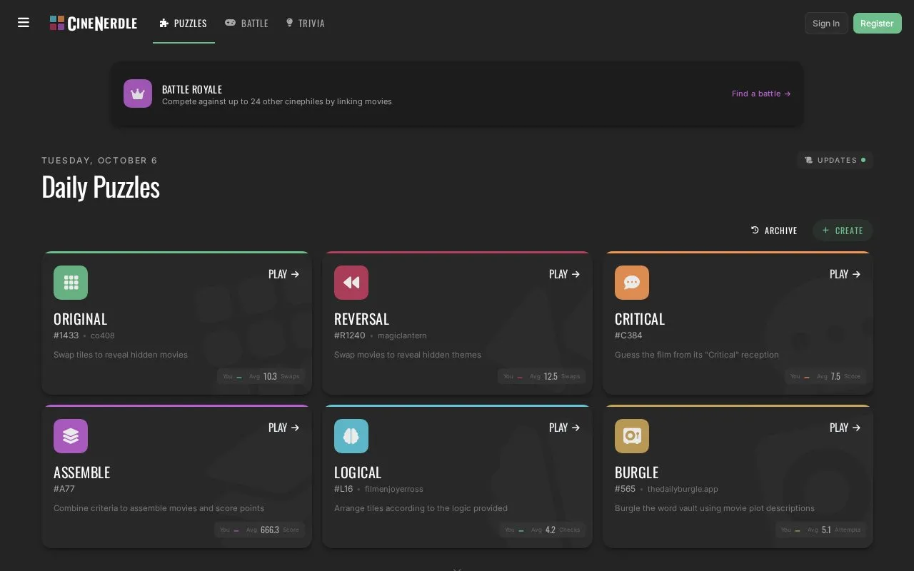 CineNerdle homepage screenshot