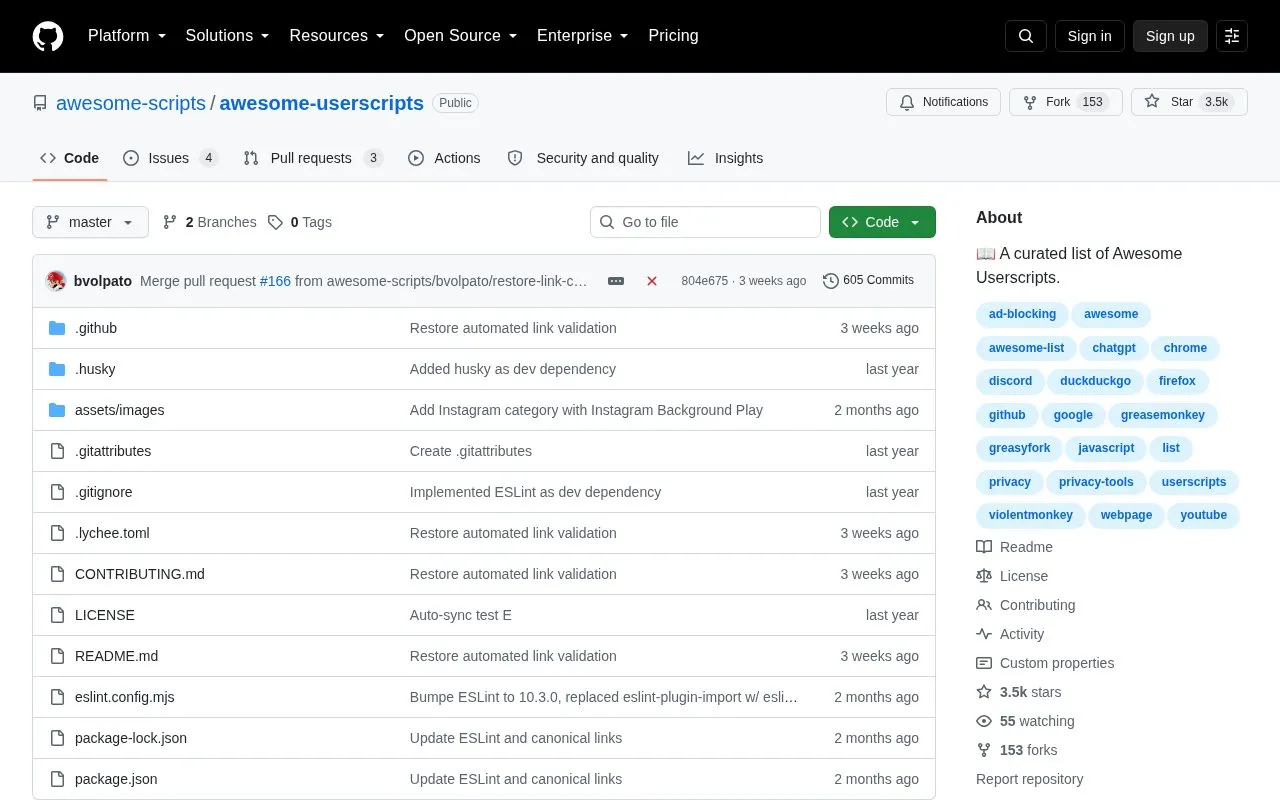 awesome-userscripts homepage screenshot