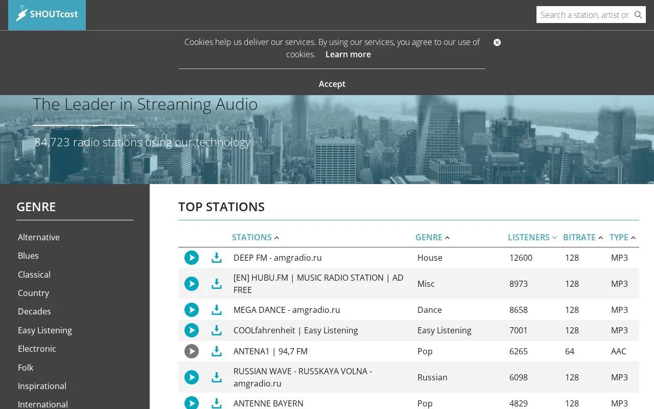 SHOUTcast homepage screenshot