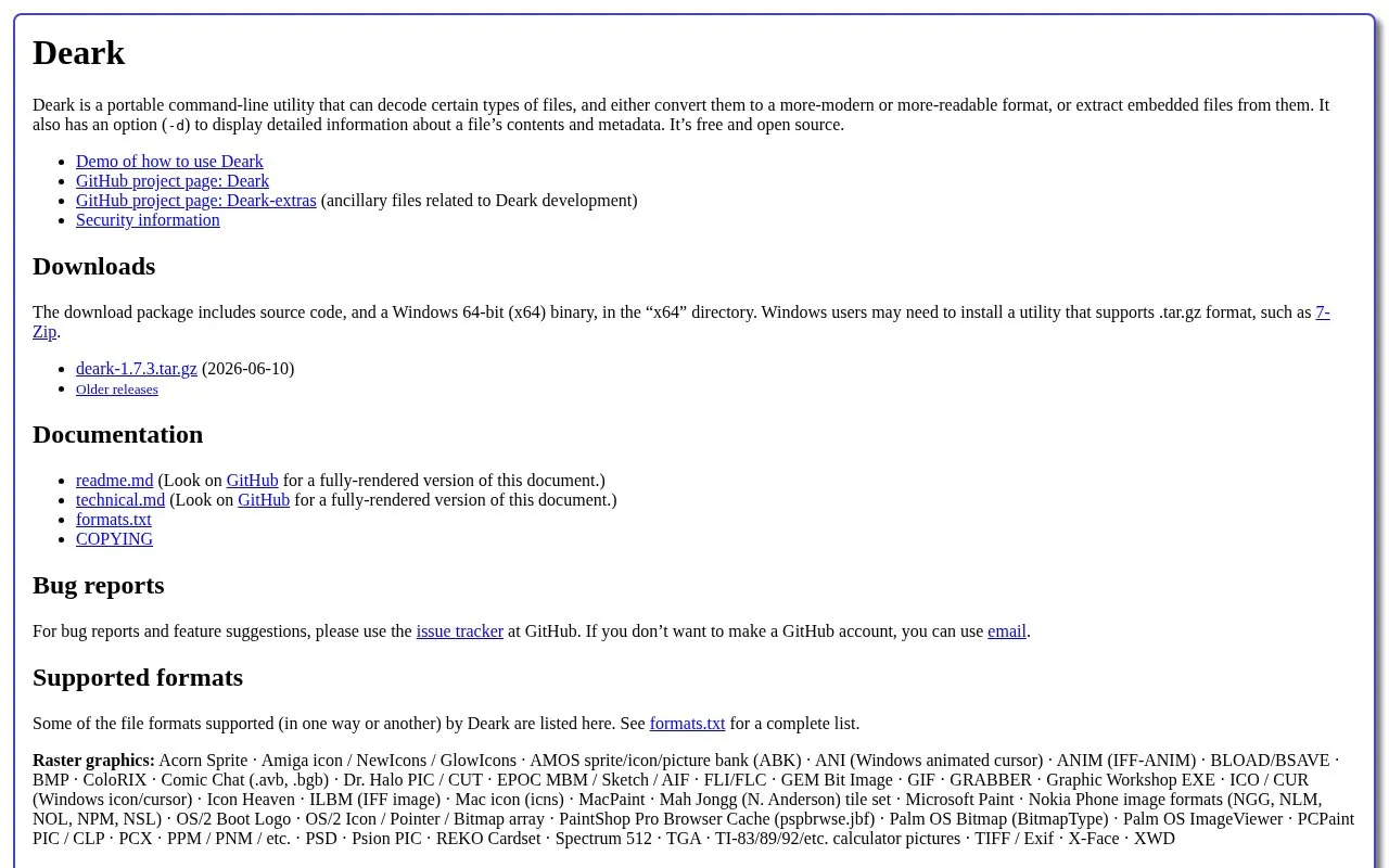 Deark homepage screenshot