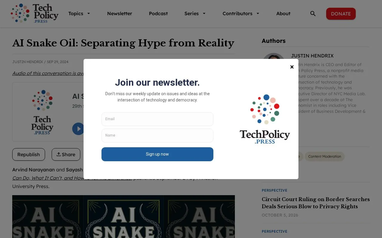 AI Snake Oil: Separating Hype from Reality TechPolicy.Press homepage screenshot
