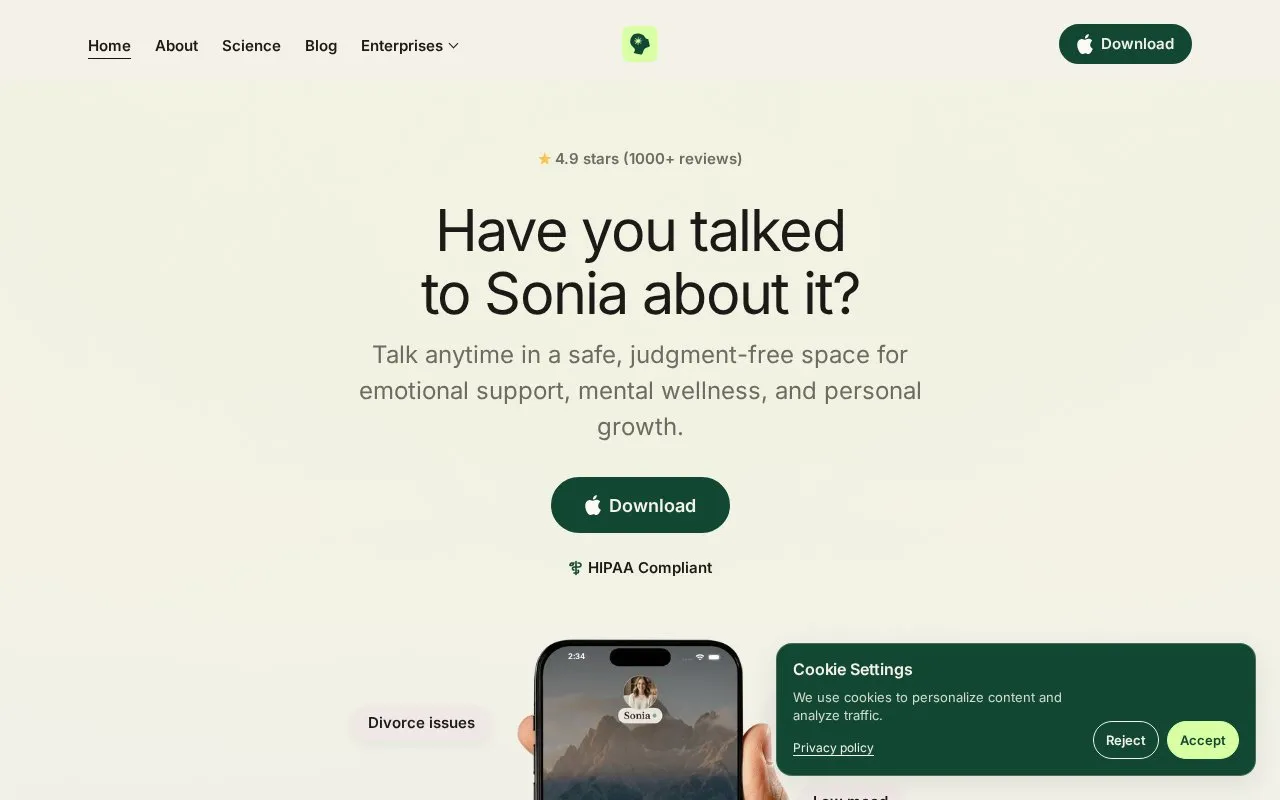Sonia homepage screenshot