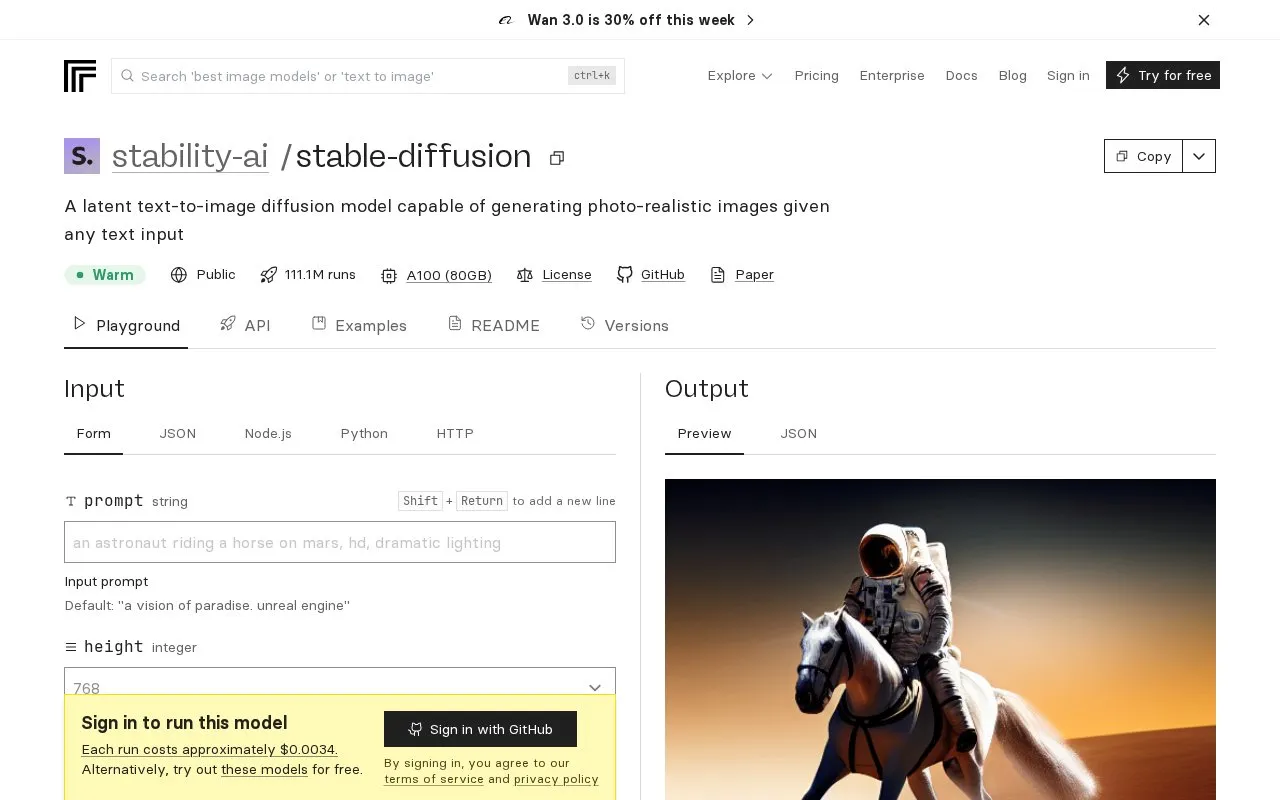 stability-ai/stable-diffusion – Run with an API on Replicate homepage screenshot