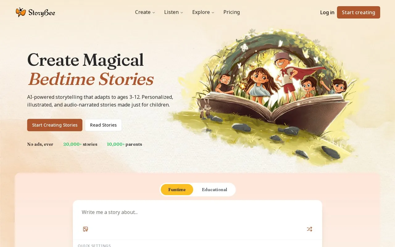 StoryBee homepage screenshot