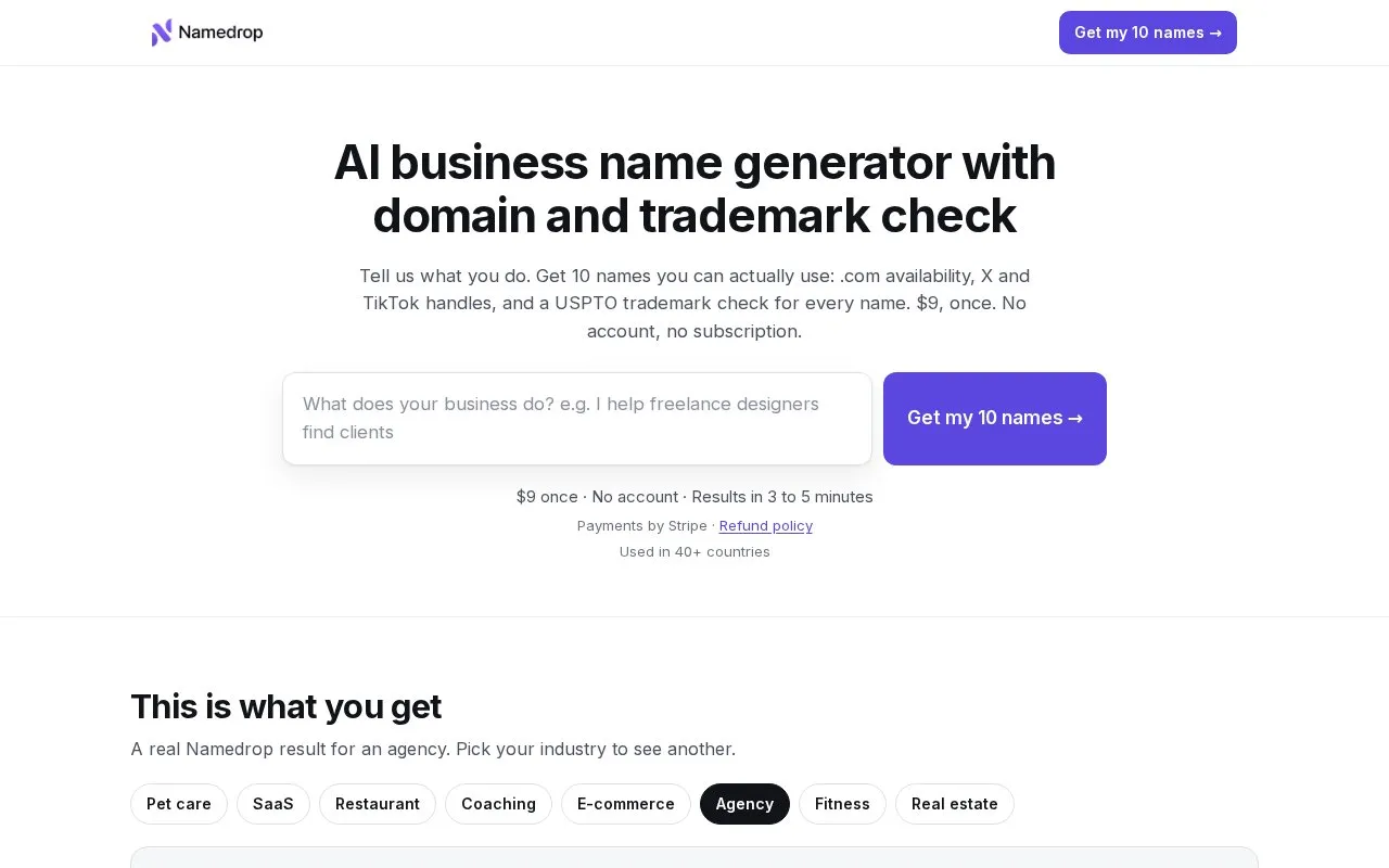 Namedrop homepage screenshot