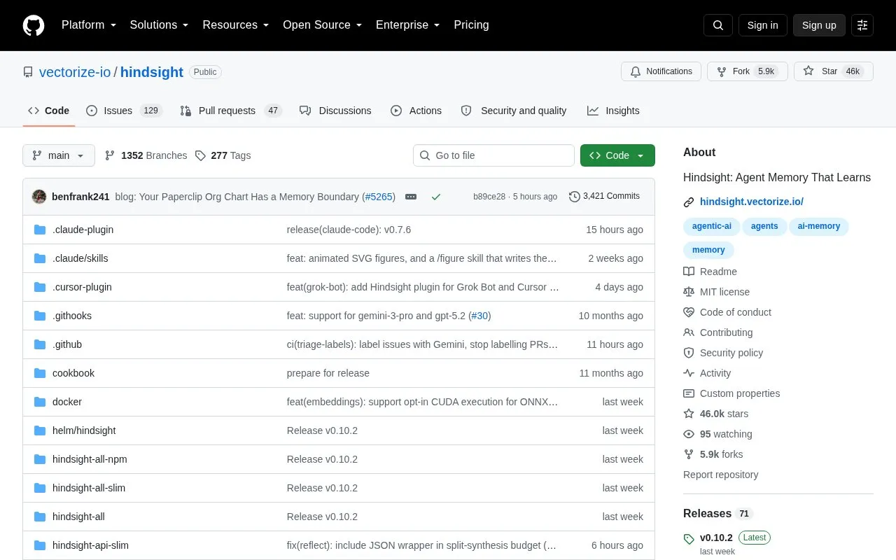 Hindsight homepage screenshot