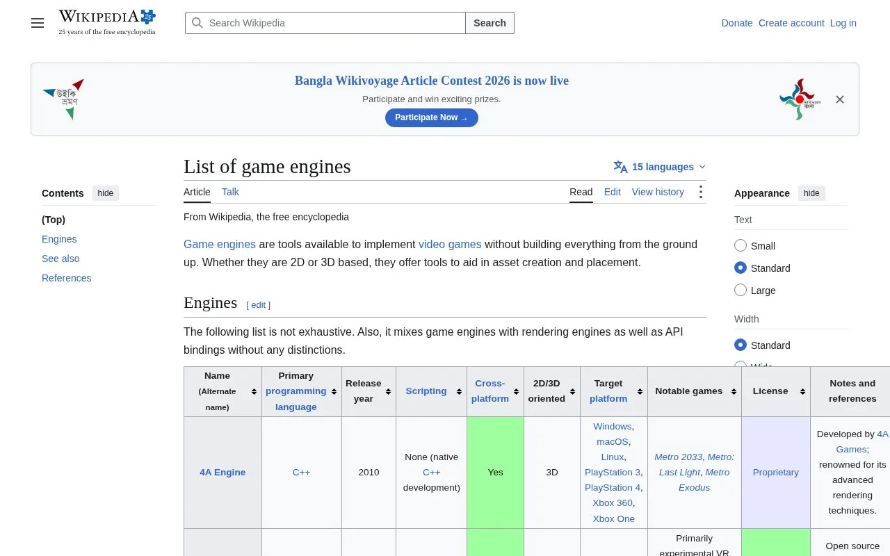 Wiki Engine List homepage screenshot