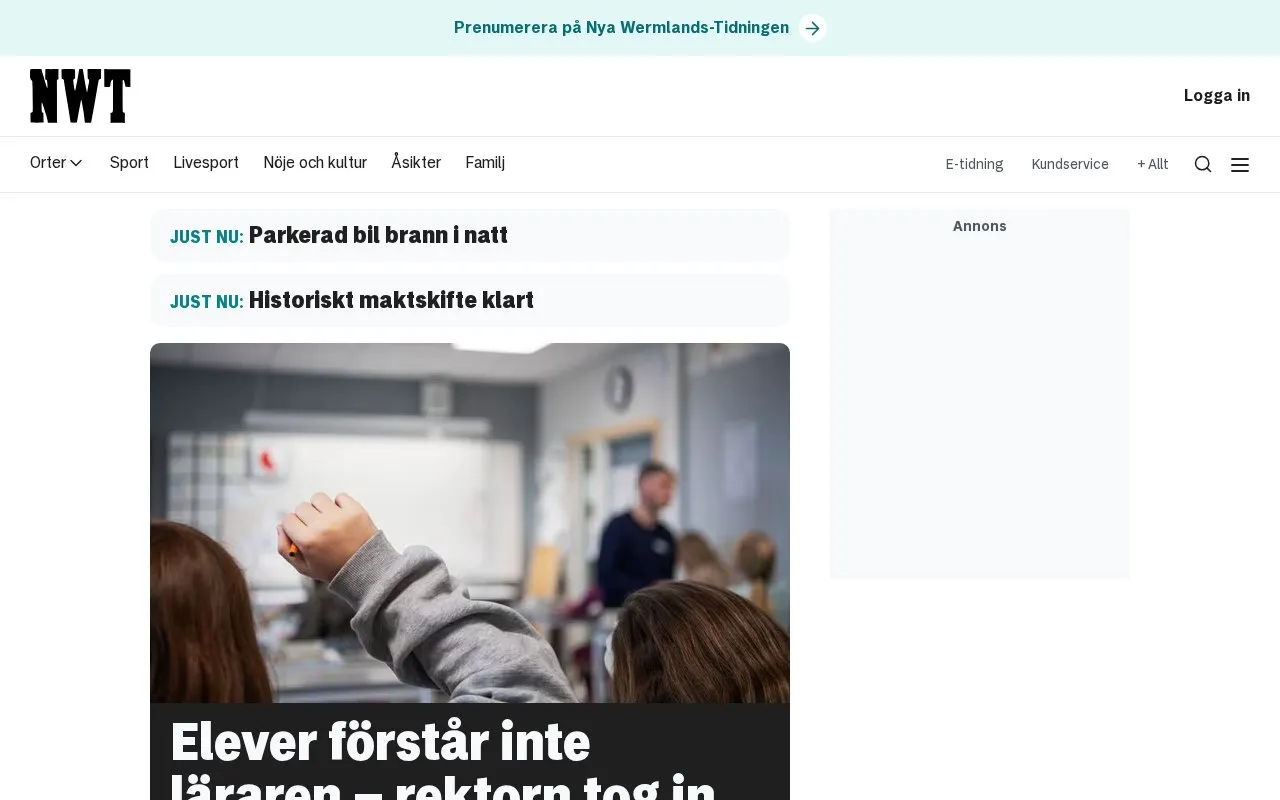Nya Wermlands-Tidningen homepage screenshot