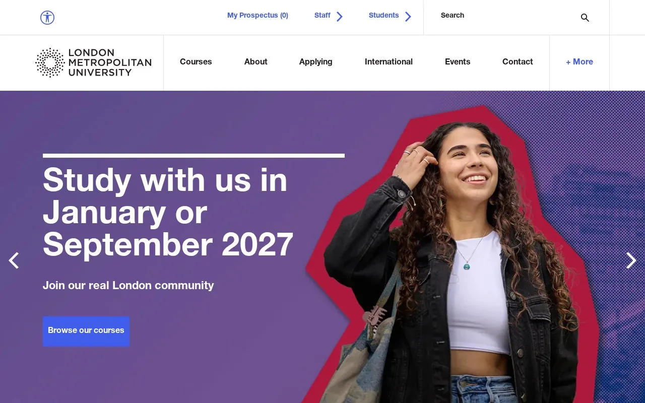 London Metropolitan University homepage screenshot