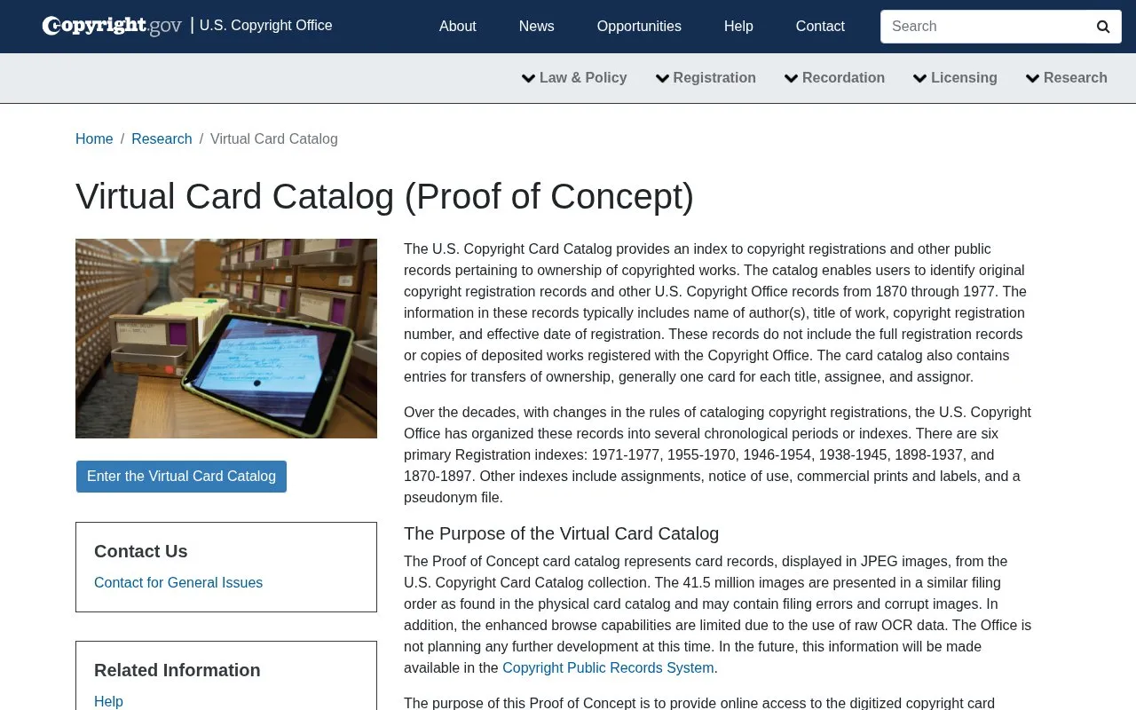 Copyright Card Catalog homepage screenshot