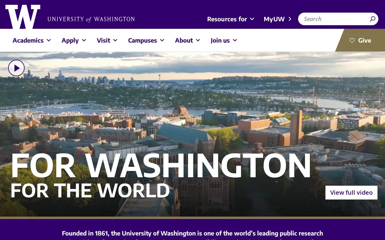 University of Washington homepage screenshot