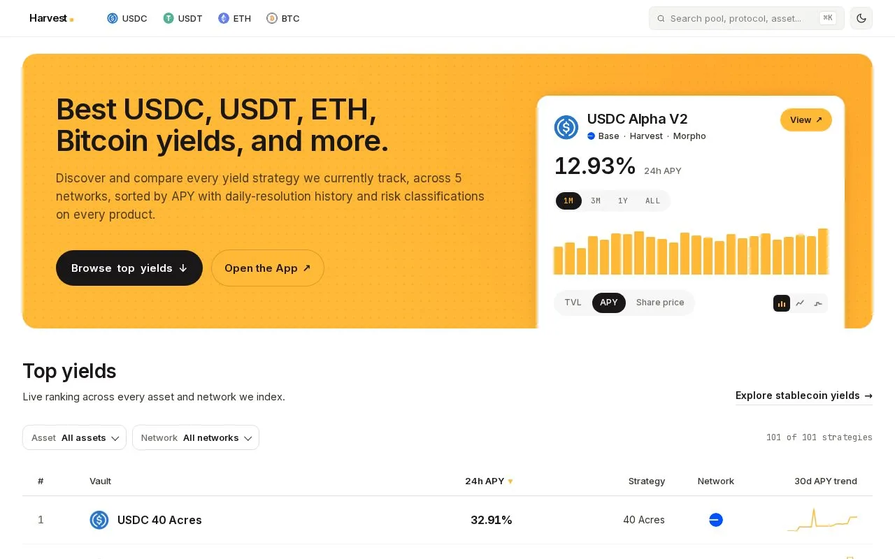 Harvest Finance homepage screenshot