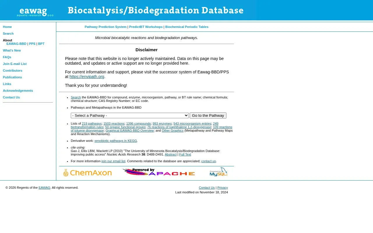 University of Minnesota Biocatalysis/Biodegradation Database homepage screenshot