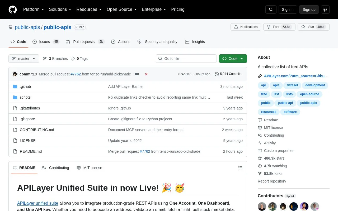 Public APIs homepage screenshot