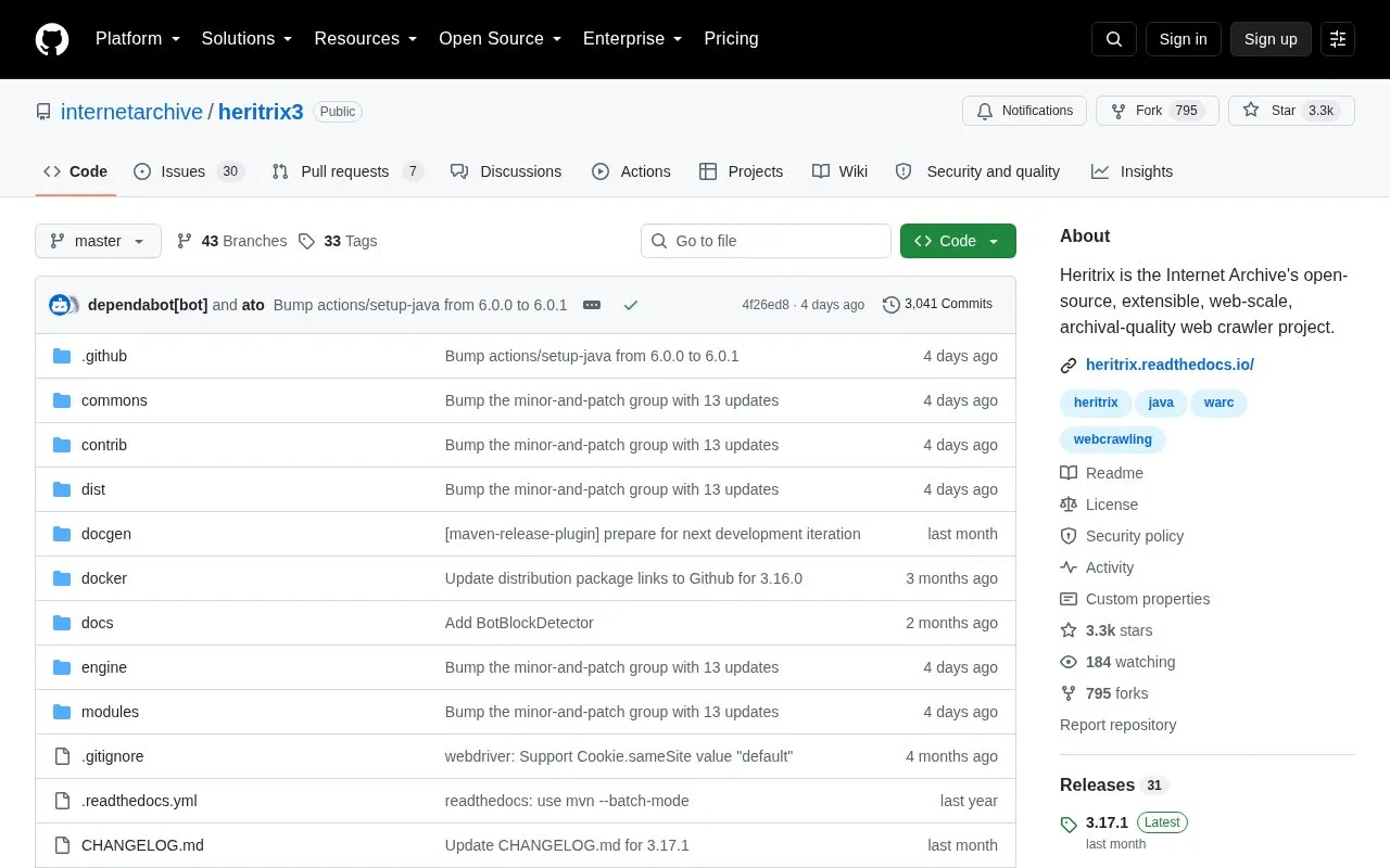 Heritrix3 homepage screenshot
