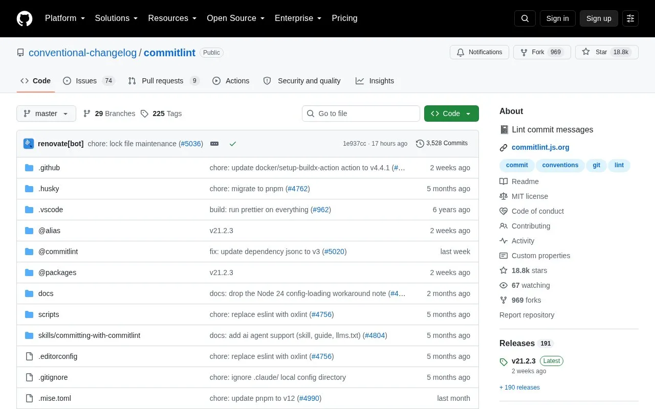 Commitlint homepage screenshot