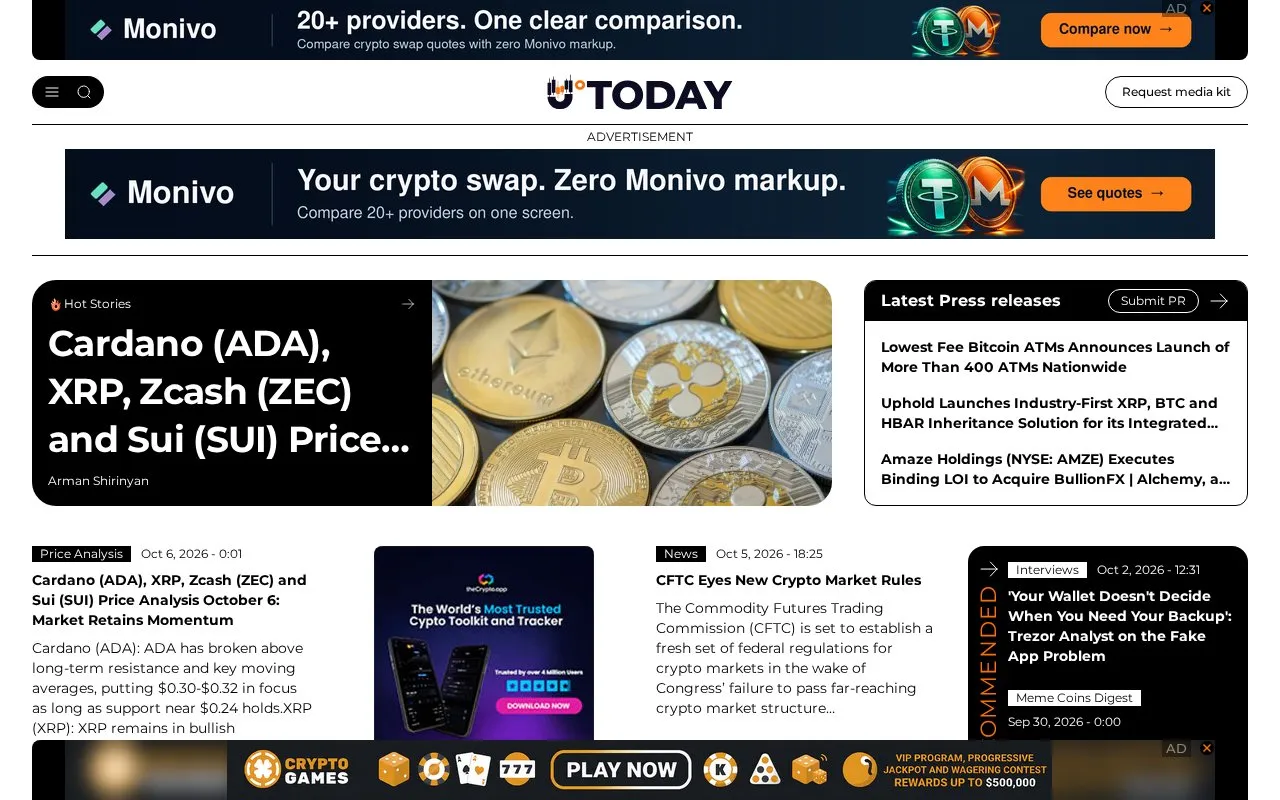 U.Today homepage screenshot