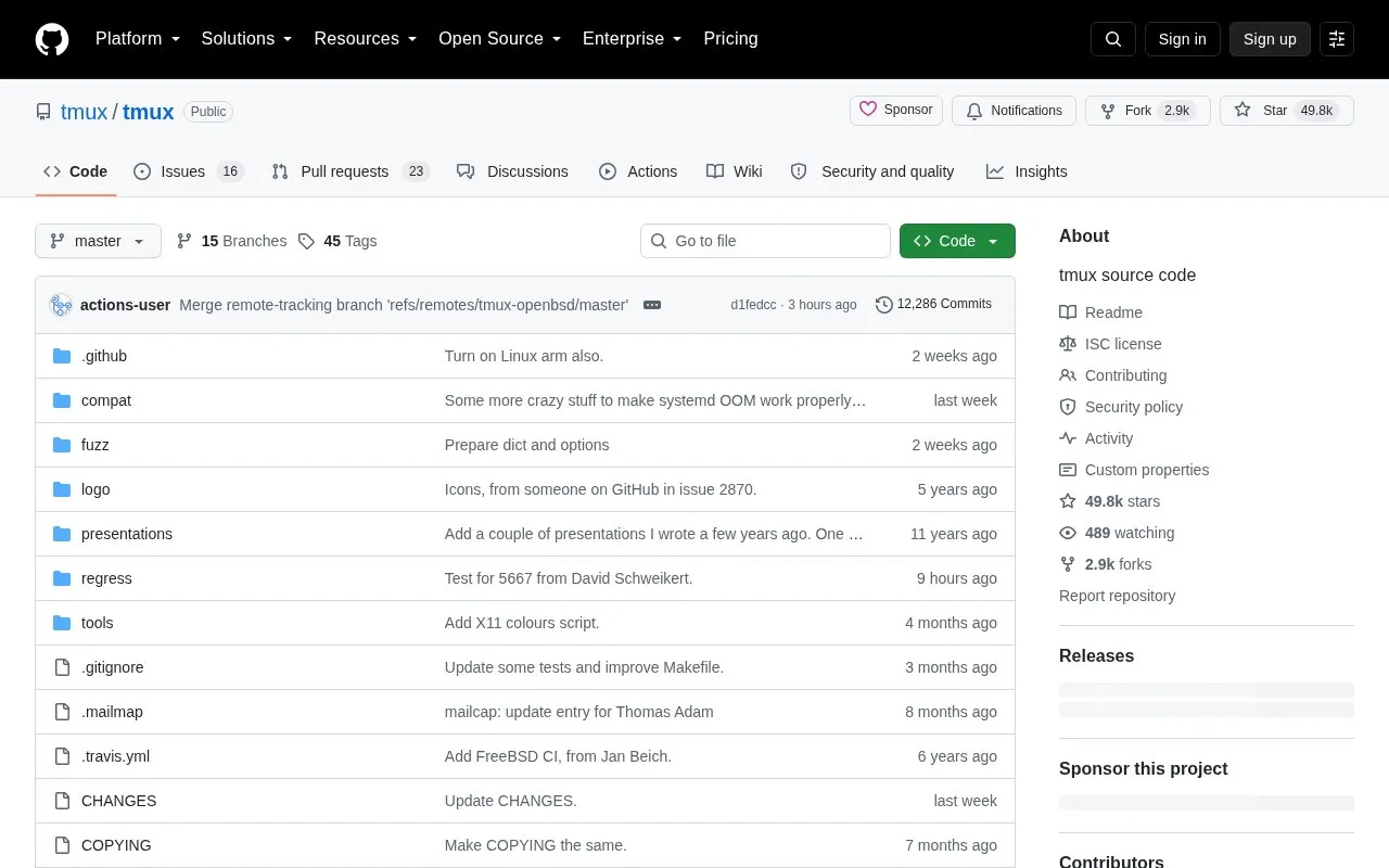 Tmux homepage screenshot