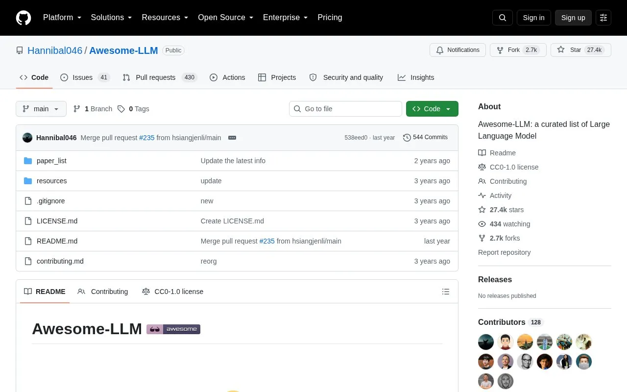 Hannibal046/Awesome-LLM: Awesome-LLM homepage screenshot