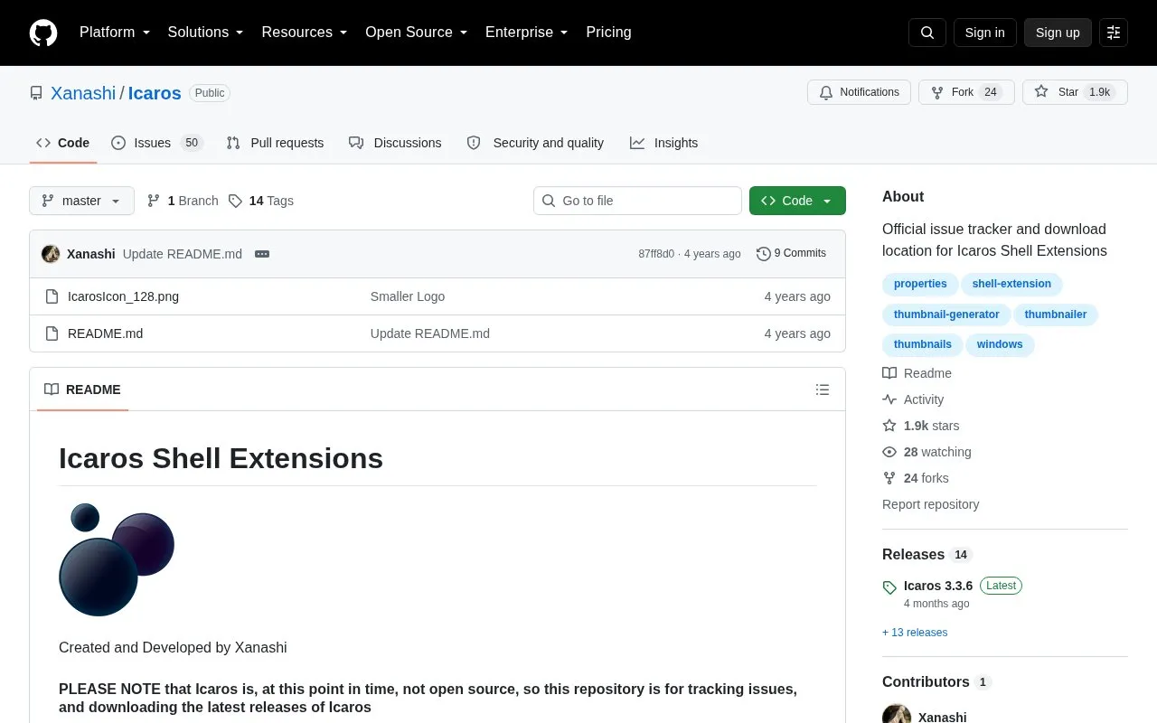 Icaros homepage screenshot