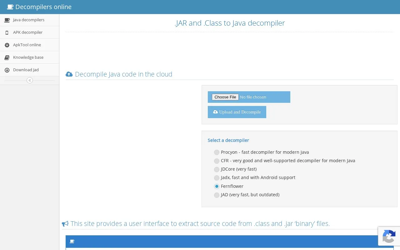 JavaDecompiler homepage screenshot
