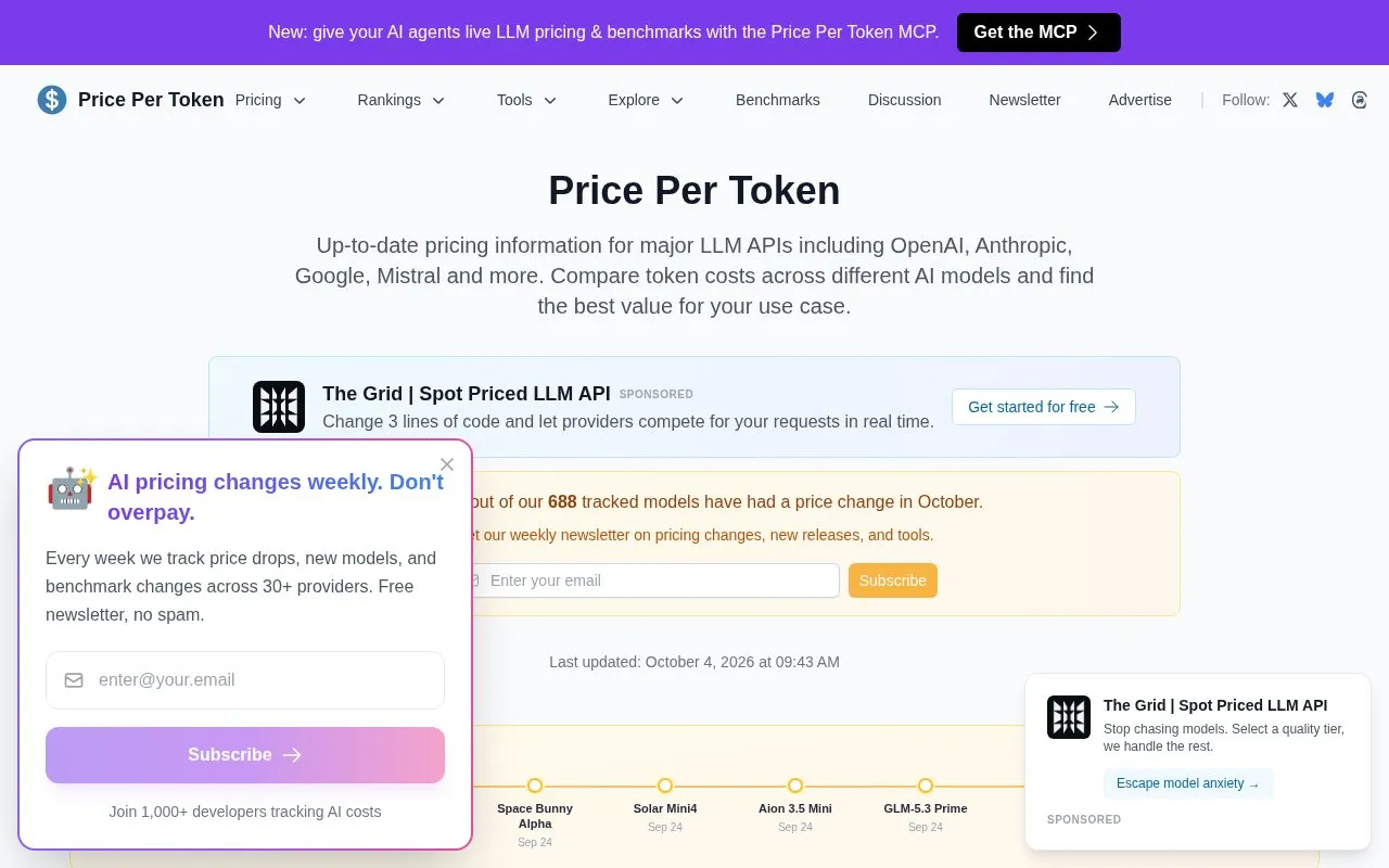 PricePerToken homepage screenshot