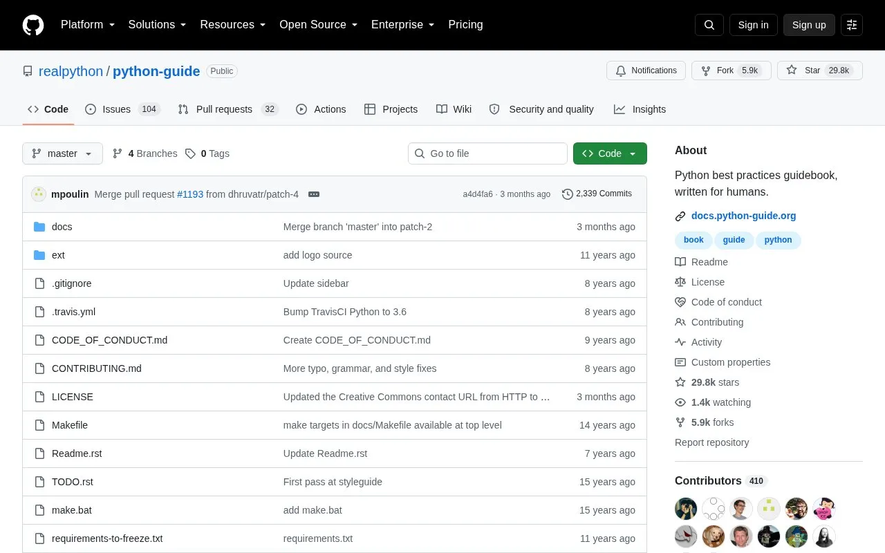 Python Guide homepage screenshot