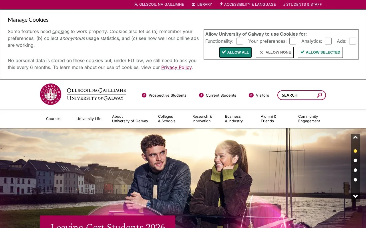 University of Galway homepage screenshot