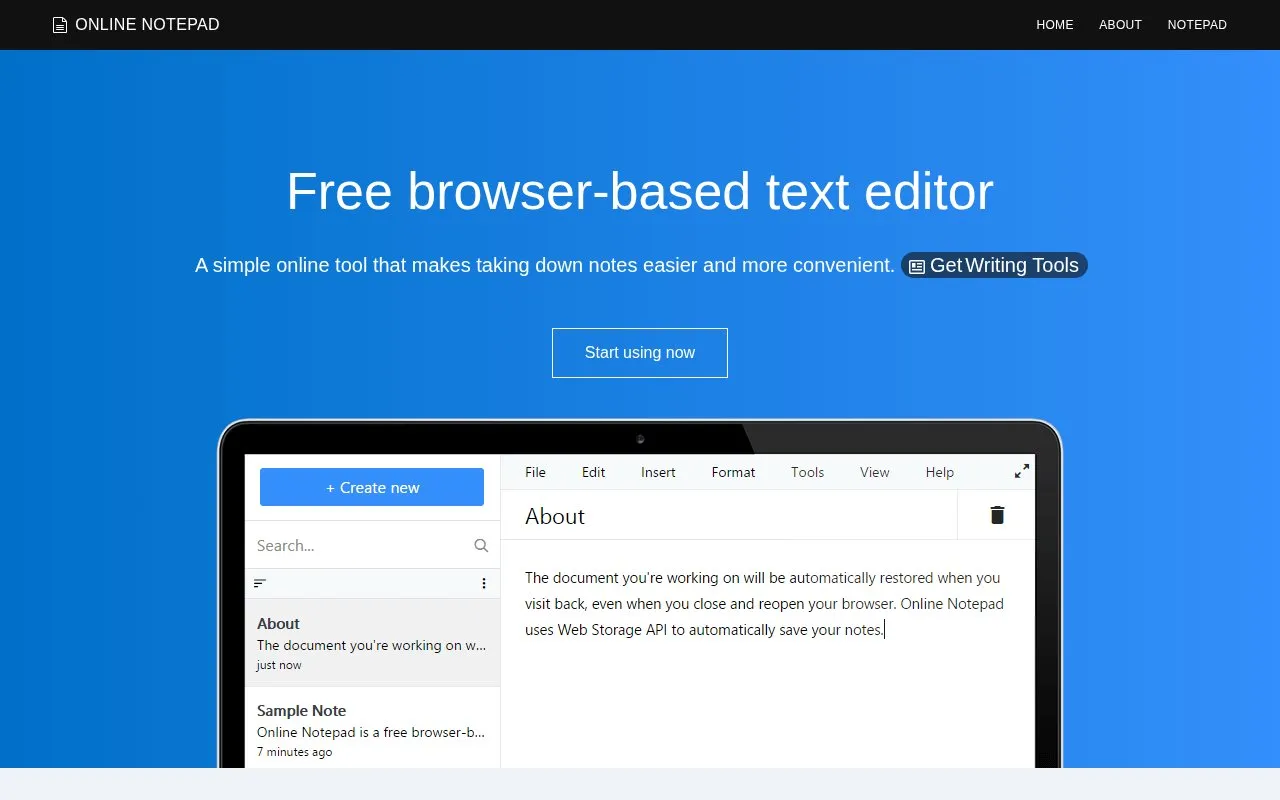 onlinenotepad homepage screenshot