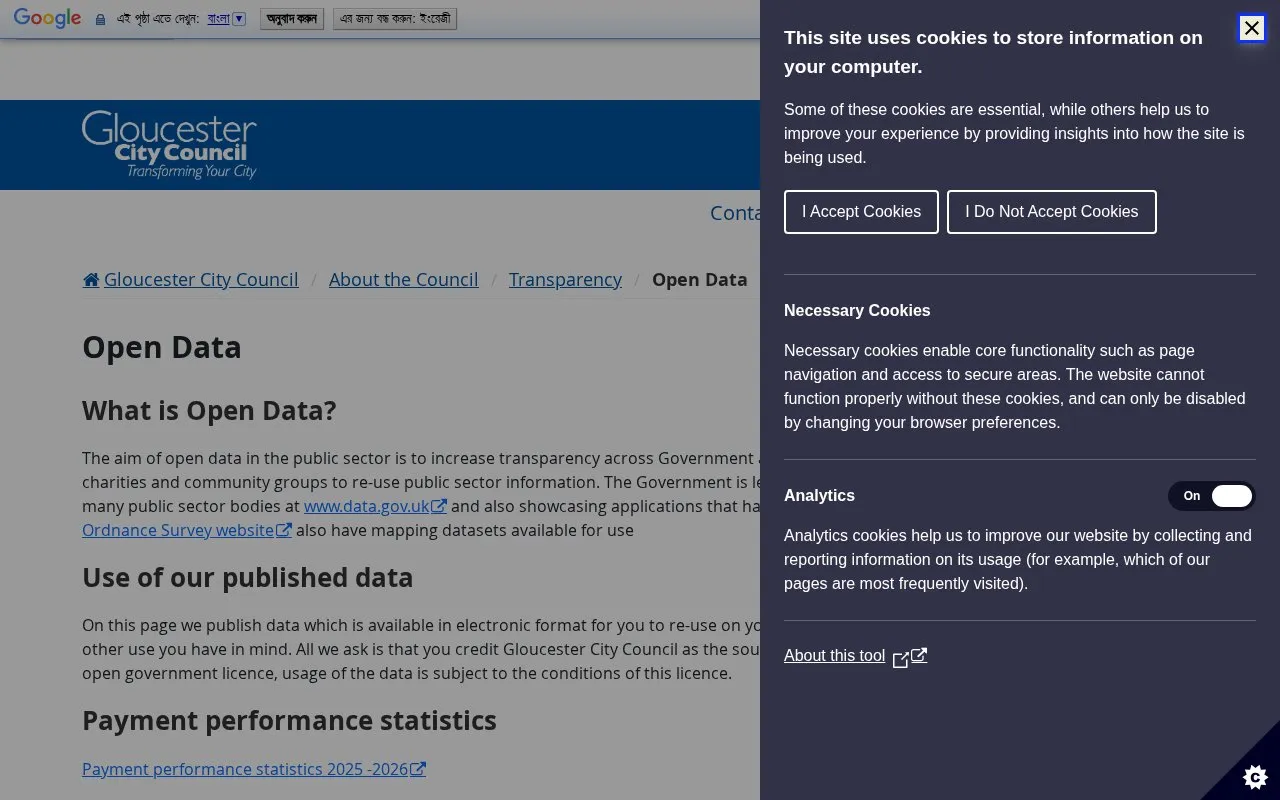 Gloucester City Council Open data homepage screenshot